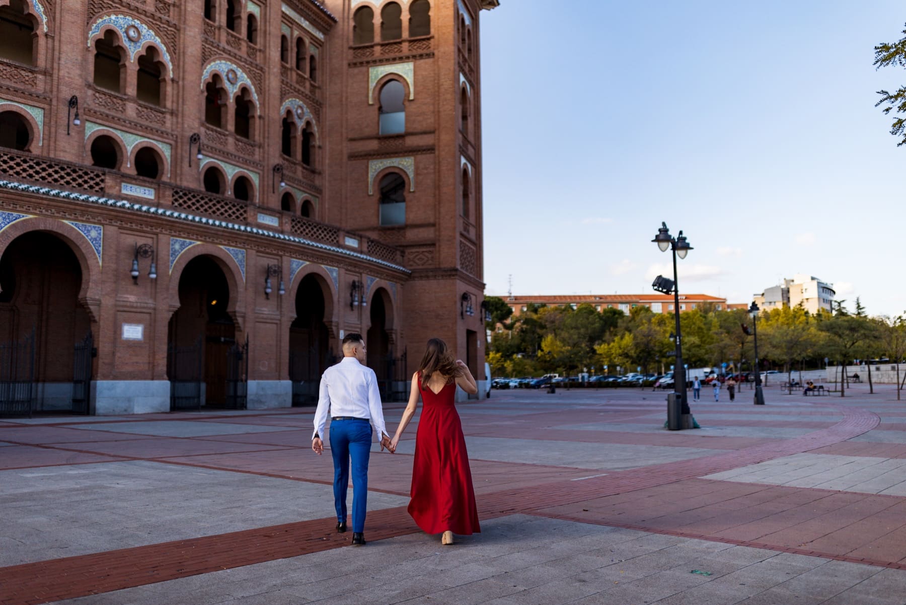 Couple in Madrid in front of Plaza de Toros